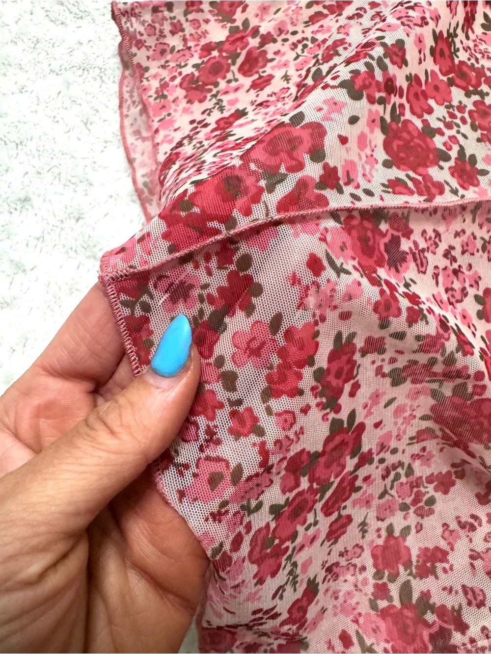 NWT- Annie Wear Floral Lettuce Hem Sheer Mesh Top - Picture 9 of 11